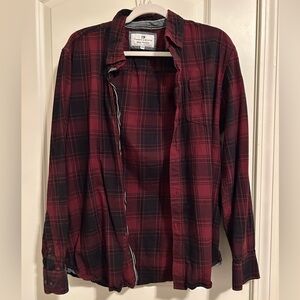 Red and black thread and cloth button down flannel shirt
